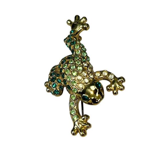 Vintage Signed Monet Gold Tone Brooch Pin Green Rhinestones Crawling Frog 2"x 1" - Picture 1 of 6